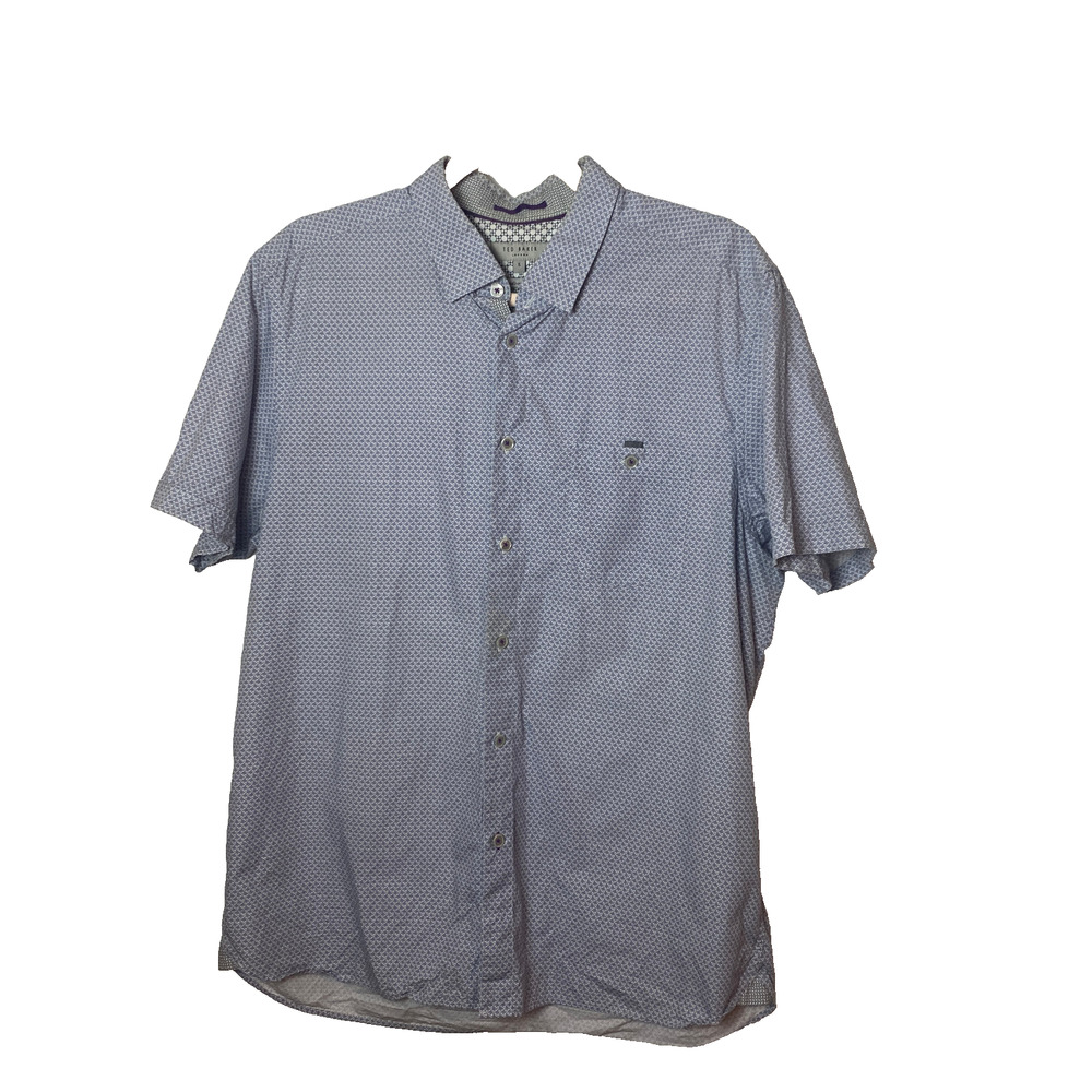 Ted Baker Button Shirt Sz 5 Short Sleeve Print Blue/Gray White Cotton Camp